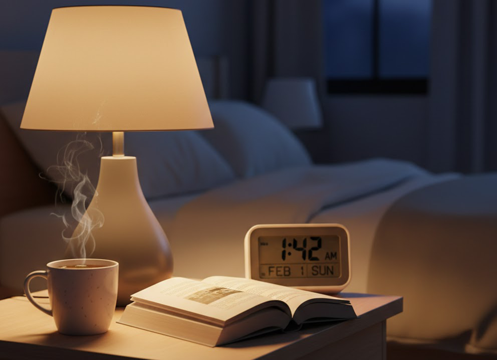A bedside table with a book, herbal tea, and a dim lamp