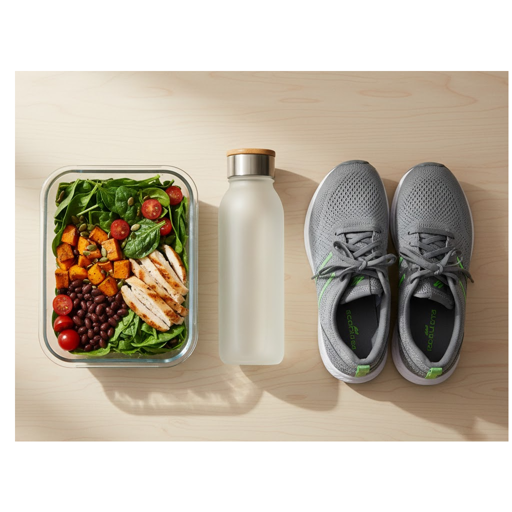 Healthy meal prep and running shoes