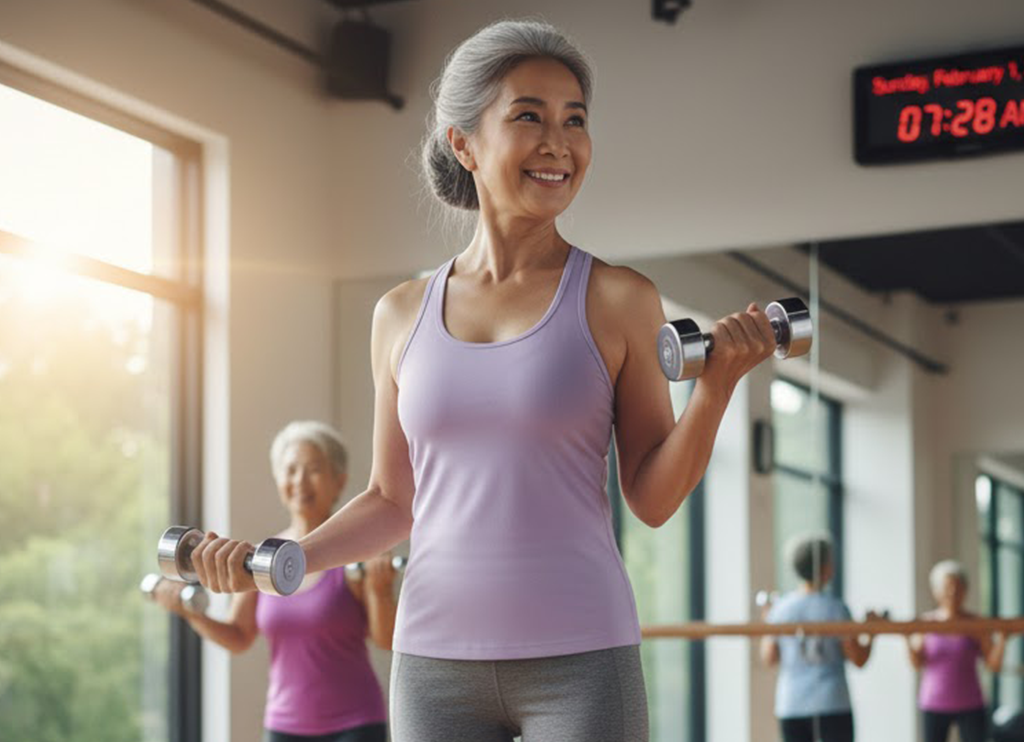 An older adult gracefully lifting light weights