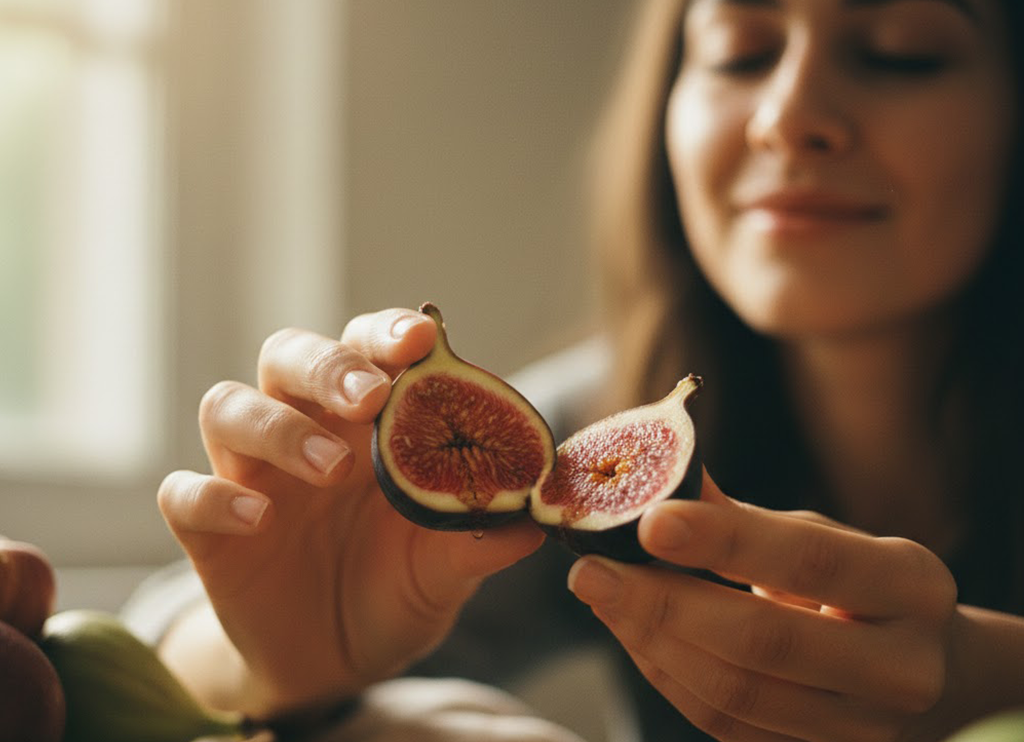 A close up of someone holding a fresh piece of fruit mindfully