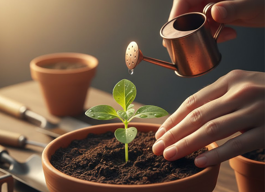 Hands tending to a small plant, showing growth
